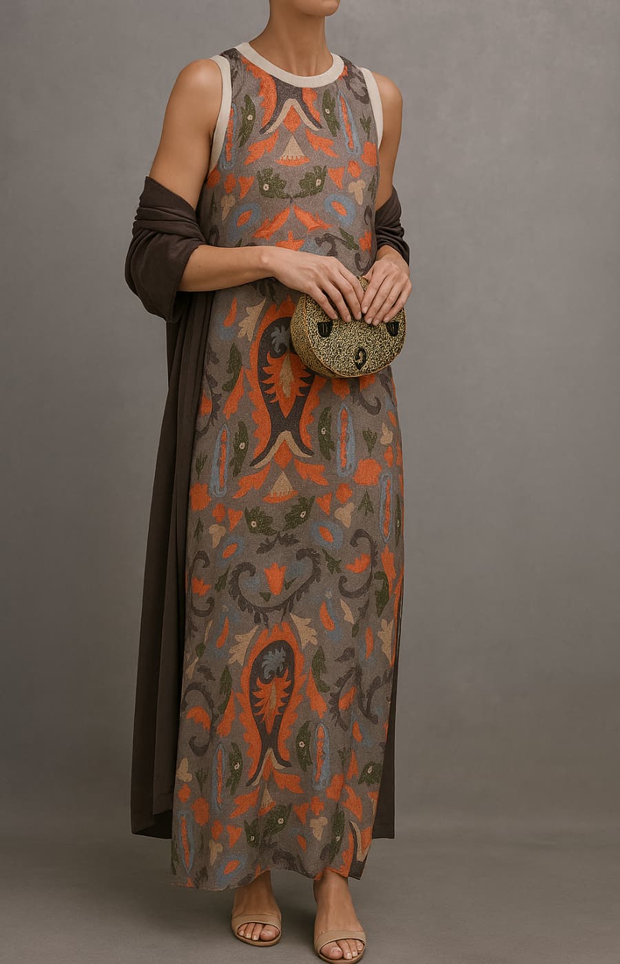Élina | Printed Maxi Dress Set with Matching Cardigan