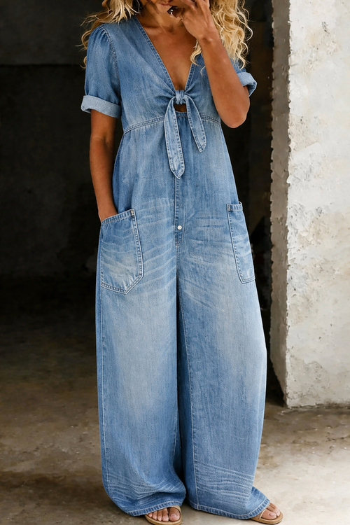 Bronte | Tie Front Denim Jumpsuit