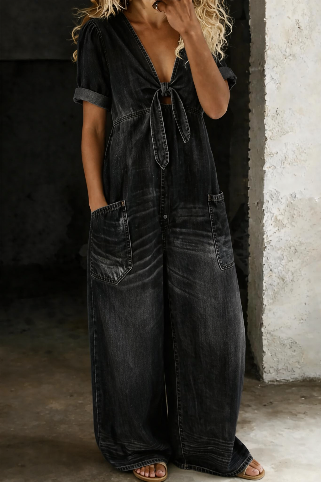 Bronte | Tie Front Denim Jumpsuit