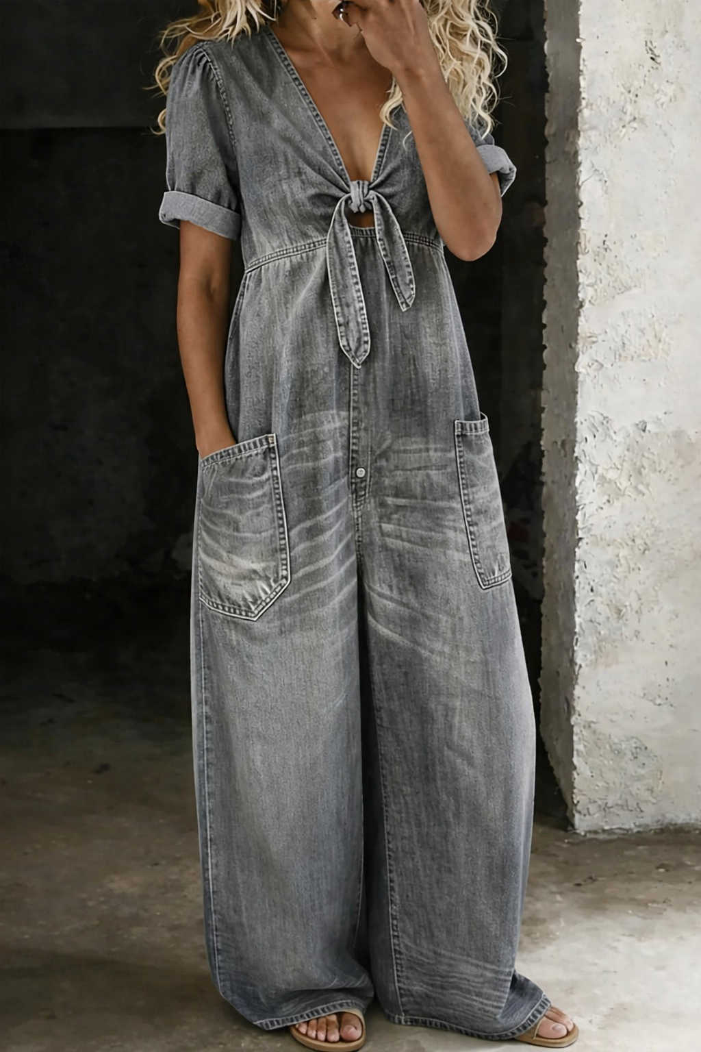 Bronte | Tie Front Denim Jumpsuit
