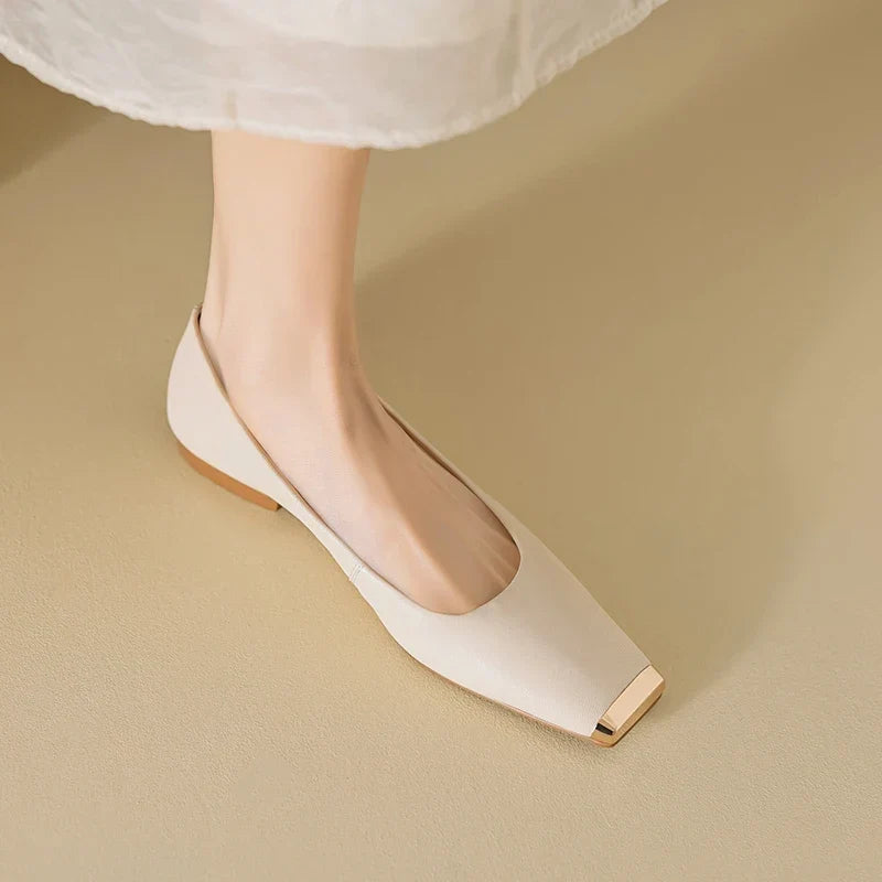 Pippa | Leather Flats With Metallic Toe Detail