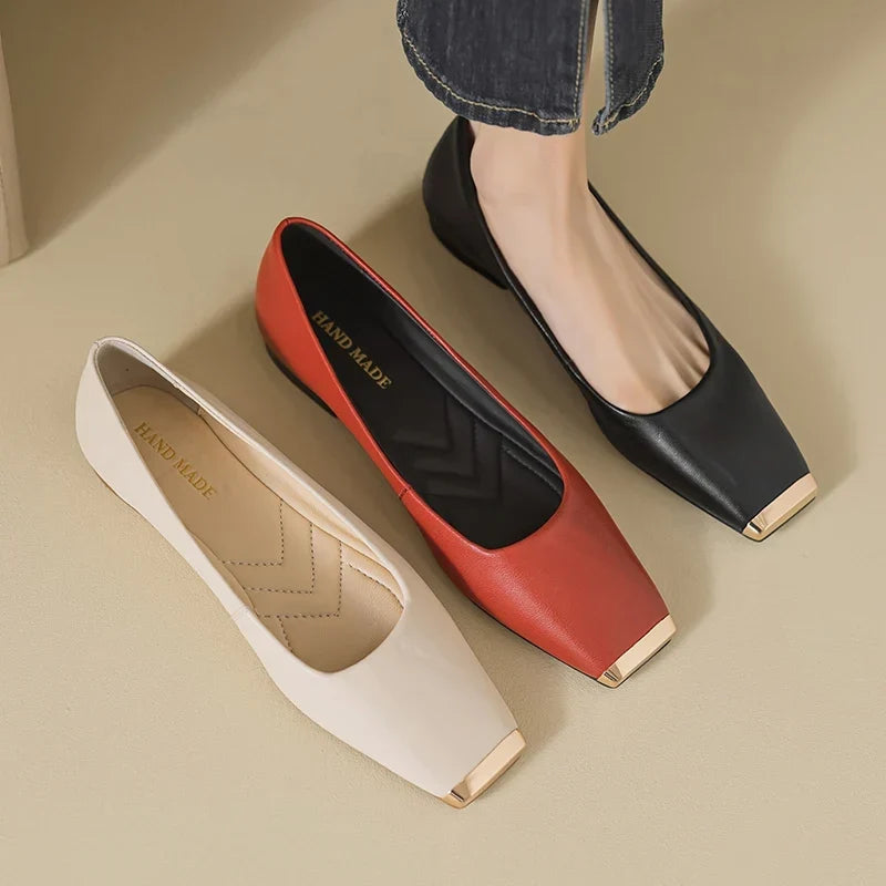 Pippa | Leather Flats With Metallic Toe Detail