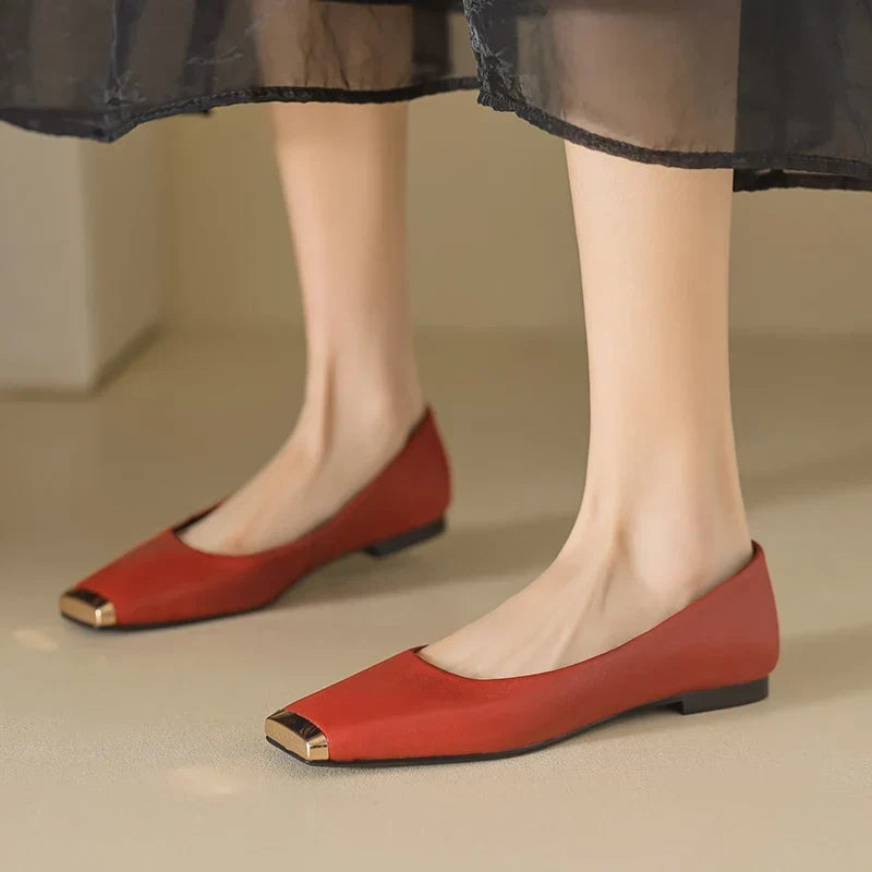 Pippa | Leather Flats With Metallic Toe Detail