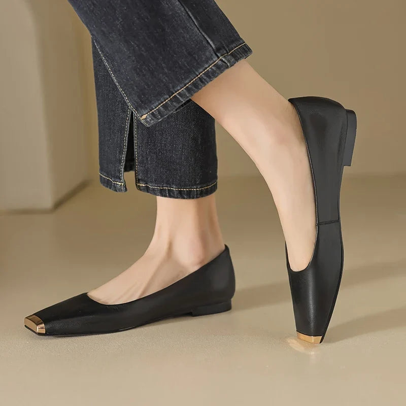 Pippa | Leather Flats With Metallic Toe Detail