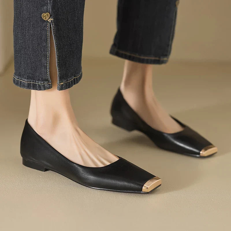Pippa | Leather Flats With Metallic Toe Detail
