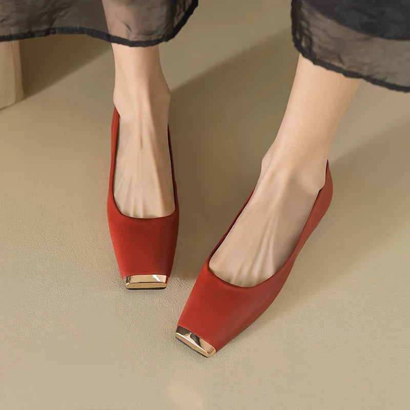 Pippa | Leather Flats With Metallic Toe Detail