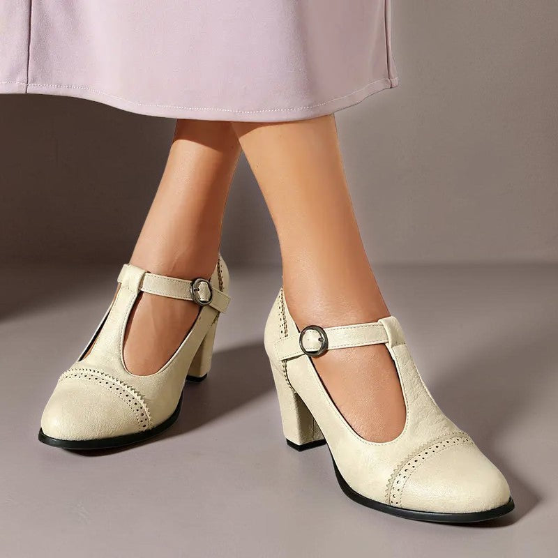 Wendy | Brogue T-Strap Heels