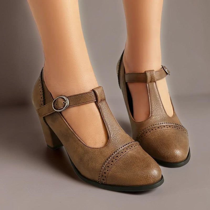 Wendy | Brogue T-Strap Heels